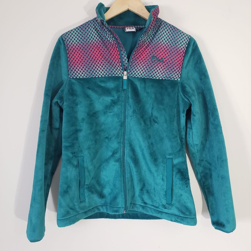 Fila Sport Womens Vintage 90s Teal Fleece Jacket Full‎ Zip Athleisure Comfy Soft